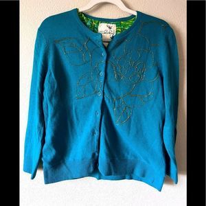 Tabitha Teal Cardigan with Floral Embroidery